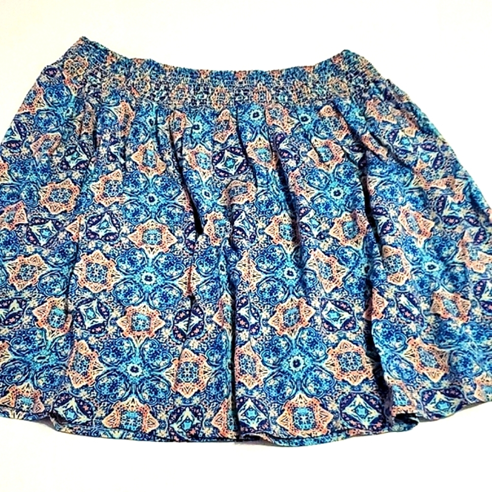 Rose & Thyme Blue & Pink Boho Medallion Print Smocking Waist Flare Mini Skirt S